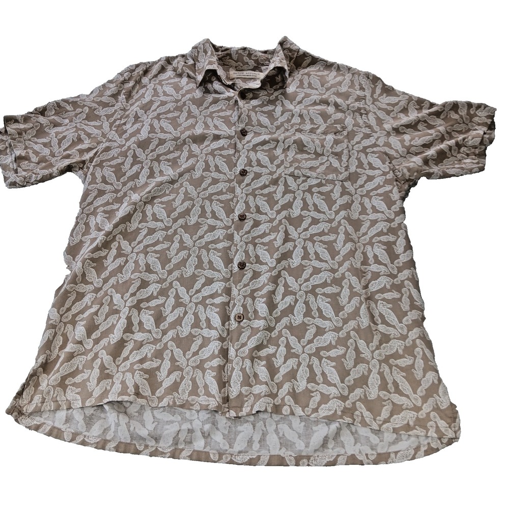 Island Republic Men's XXL Brown Silk Seahorse Hawaiian Cabana Short Sleeve Shirt